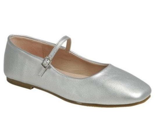 Emily Mary Jane Square Toe Flats - Silver